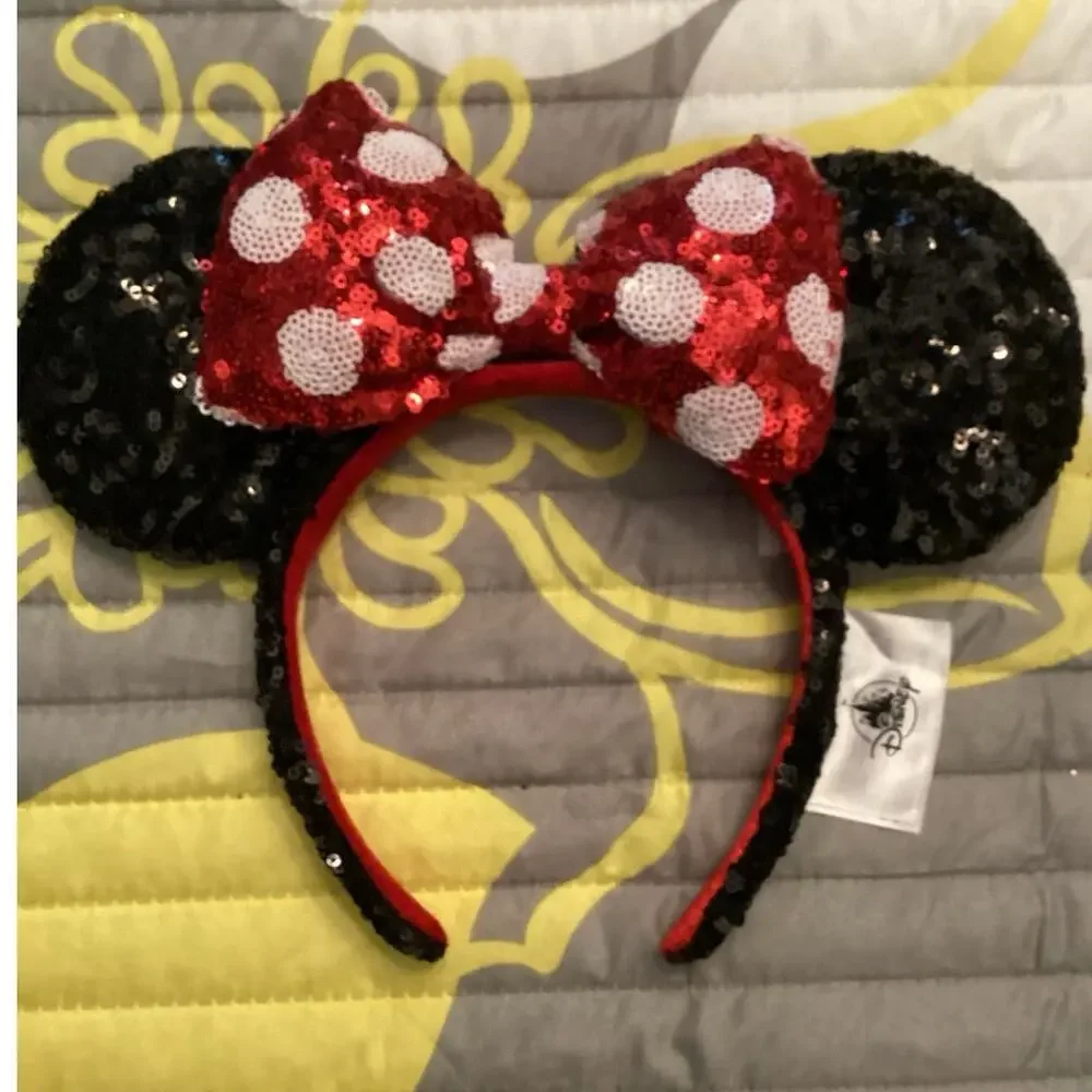 NWOT Disney Parks Sequined Black Ears Classic Red Bow White Polka Dots Headband